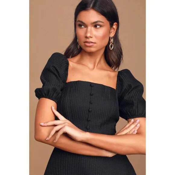 Lulu's Cute Crush Waffle Texture Winter Chic Puff Sleeve Mini Skater Dress Black - Picture 2 of 13